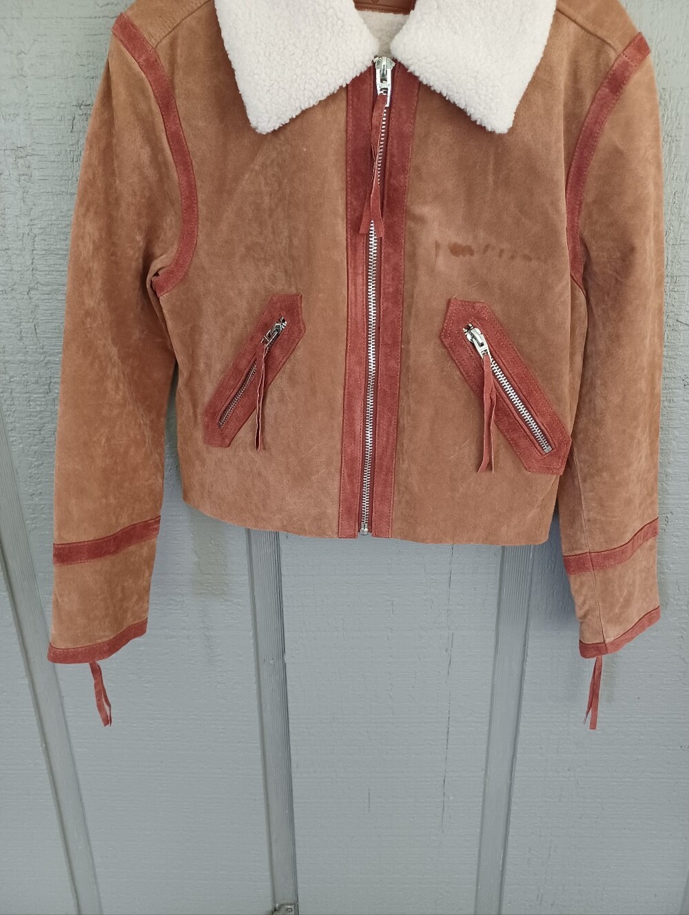 BLANKNYC Caramel Sauce Suede Jacket Size S Faux Shearling Collar Full Zip Pocket - Picture 10 of 15
